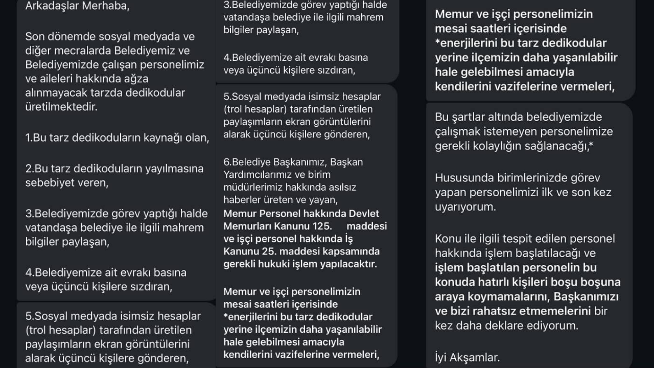 ÇİFTLİKKÖY BELEDİYESİ’NDEN ‘MEMUR VE İŞÇİLERE TEHDİT GİBİ UYARI..’