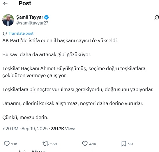 ESKİ VEKİL ŞAMİL TAYYAR, İSTİFALARI DEĞERLENDİRDİ