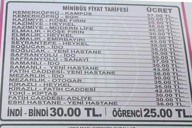 YALOVA’DA MİNİBÜS ÜCRETLERİNE ZAM!