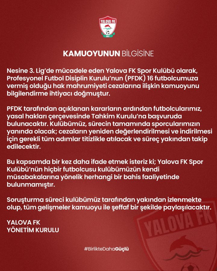 YALOVA FK BAŞKANI ORUÇ:“SÜRECİ TAHKİME TAŞIYORUZ”