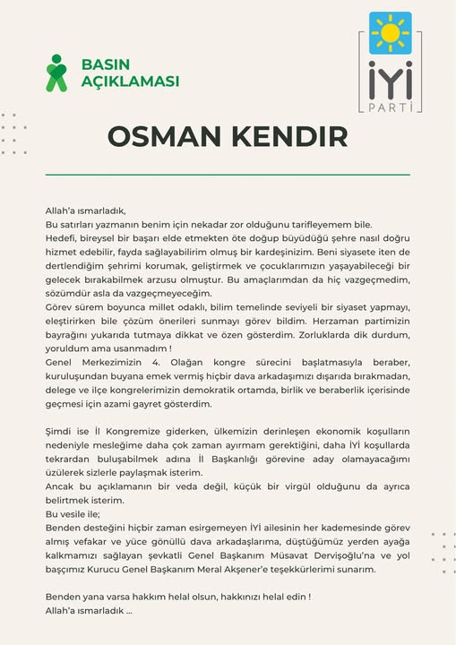 İYİ PARTİ'DE İL BAŞKANI KENDİR, ADAY OLMAYACAĞINI AÇIKLADI