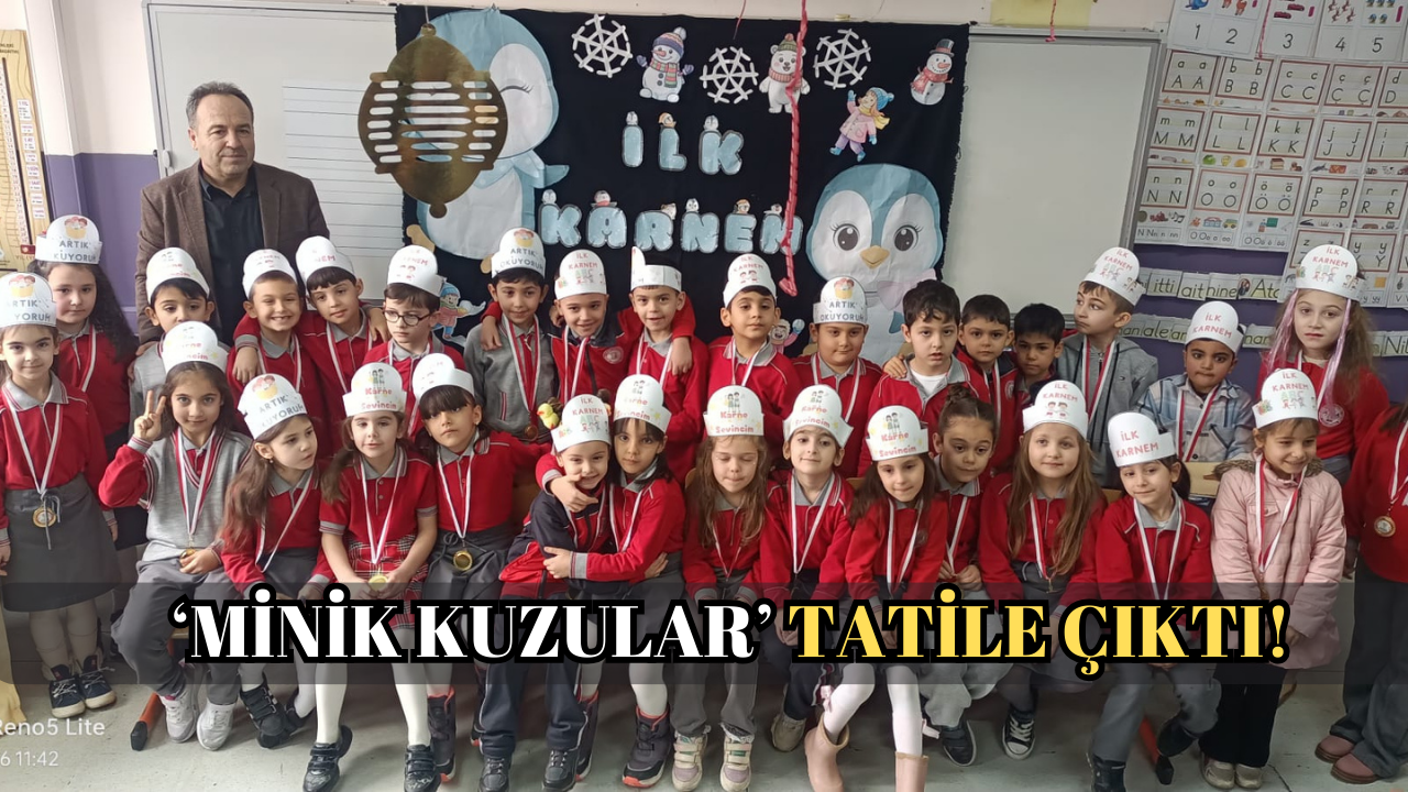 KARAMÜRSEL’DE KAYMAKAM İNAN VE İLÇE MİLLİ EĞİTİM MÜDÜRÜ BOZKURT, MİNİK KUZULARIN KARNELERİNİ DAĞITTI