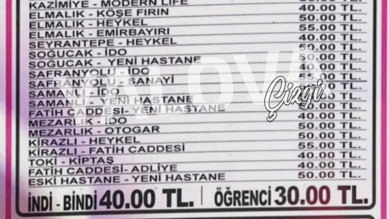 YALOVA’DA MİNİBÜS ÜCRETLERİNE ZAM GELDİ.. YENİ TARİFE YARINDAN İTİBAREN GEÇERLİ!