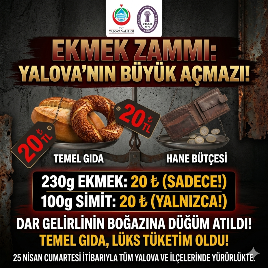 YALOVA’DA EKMEK VE SİMİT FİYATLARI RESMEN ARTTI: YENİ TARİFE YÜRÜRLÜKTE