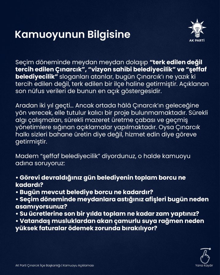 AK PARTİ ÇINARCIK İLÇE BAŞKANI ÖZALP’TEN BELEDİYE YÖNETİMİNE SERT ELEŞTİRİ!