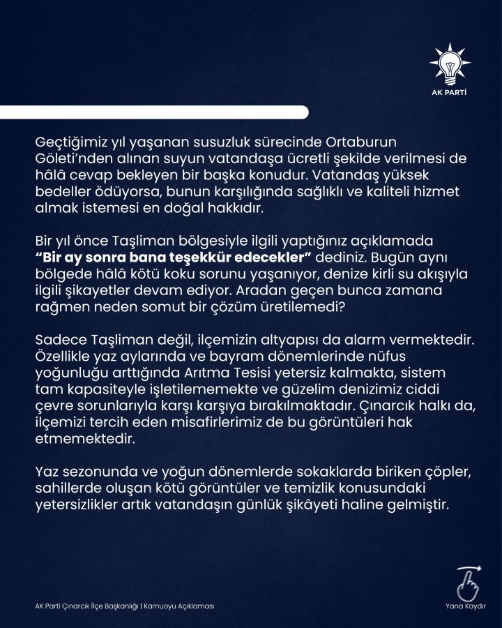 AK PARTİ ÇINARCIK İLÇE BAŞKANI ÖZALP’TEN BELEDİYE YÖNETİMİNE SERT ELEŞTİRİ!
