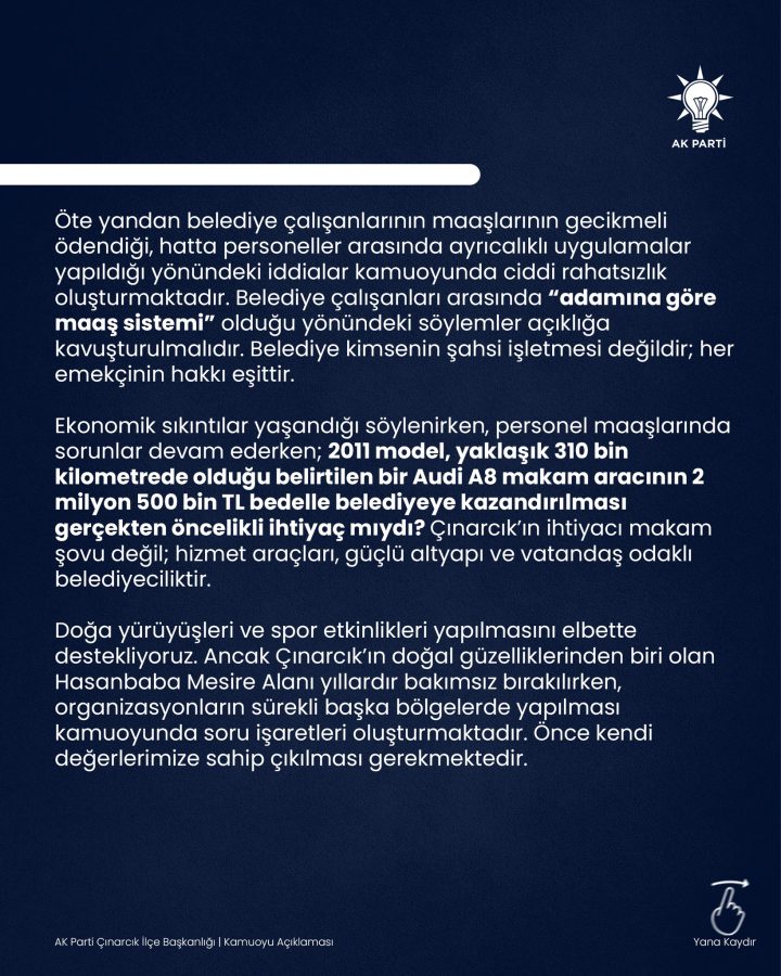 AK PARTİ ÇINARCIK İLÇE BAŞKANI ÖZALP’TEN BELEDİYE YÖNETİMİNE SERT ELEŞTİRİ!