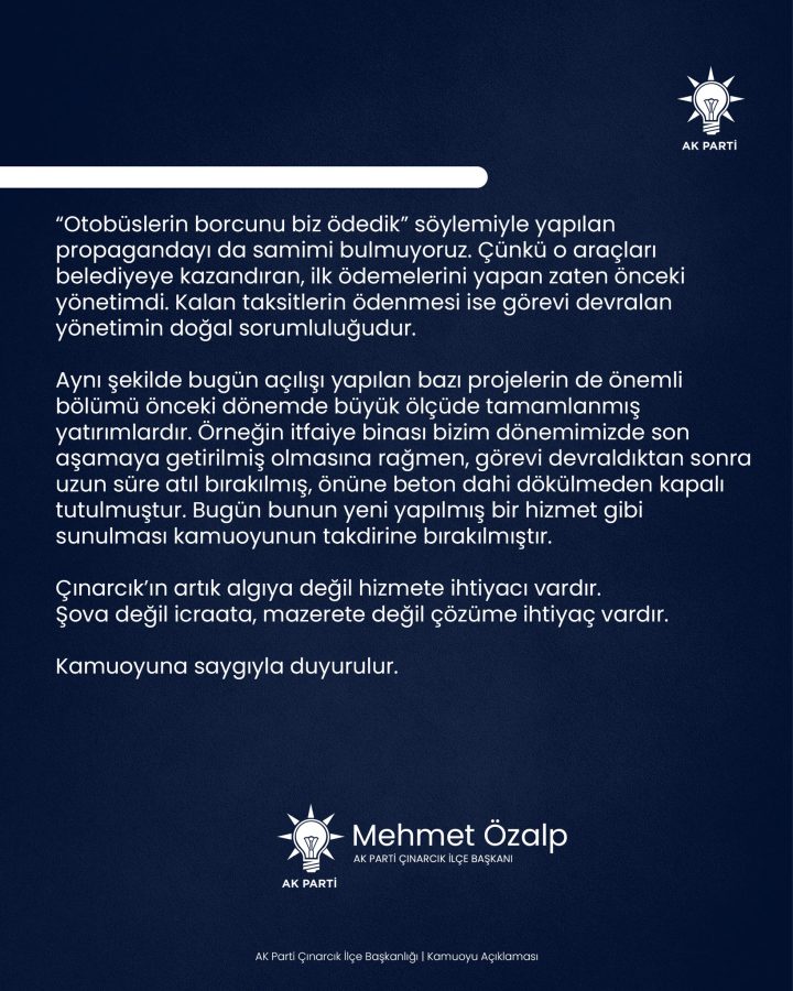 AK PARTİ ÇINARCIK İLÇE BAŞKANI ÖZALP’TEN BELEDİYE YÖNETİMİNE SERT ELEŞTİRİ!
