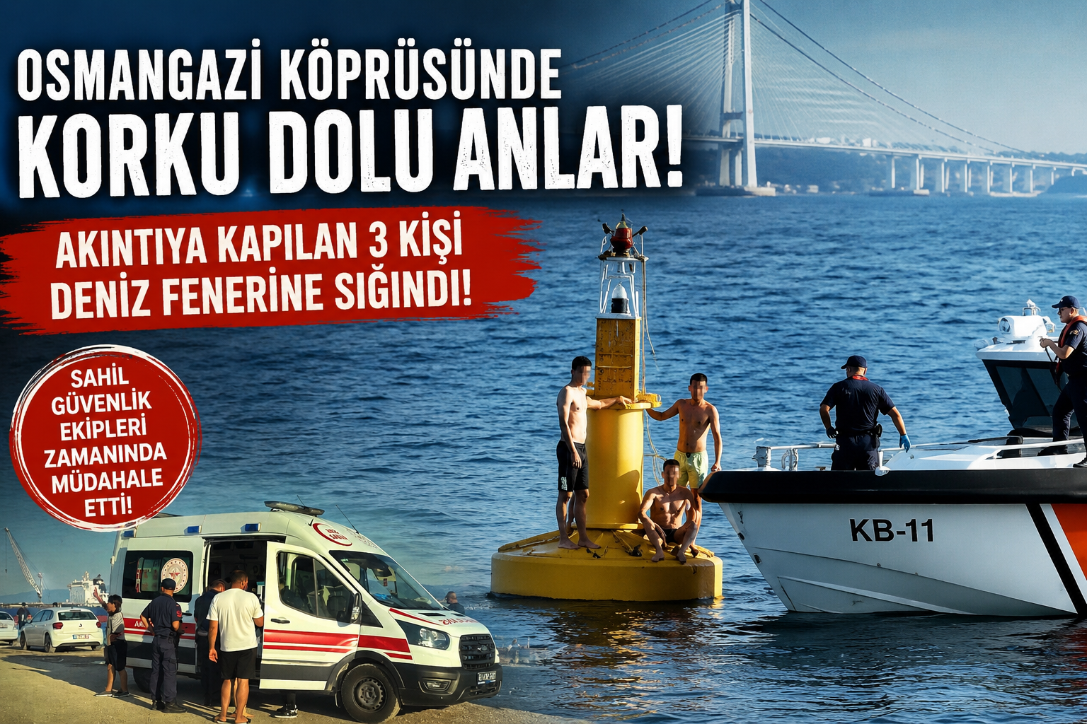 OSMANGAZİ KÖPRÜ AYAĞINDA KORKU DOLU ANLAR! AKINTIYA KAPILAN 3 KİŞİ DENİZ FENERİNE SIĞINDI!
